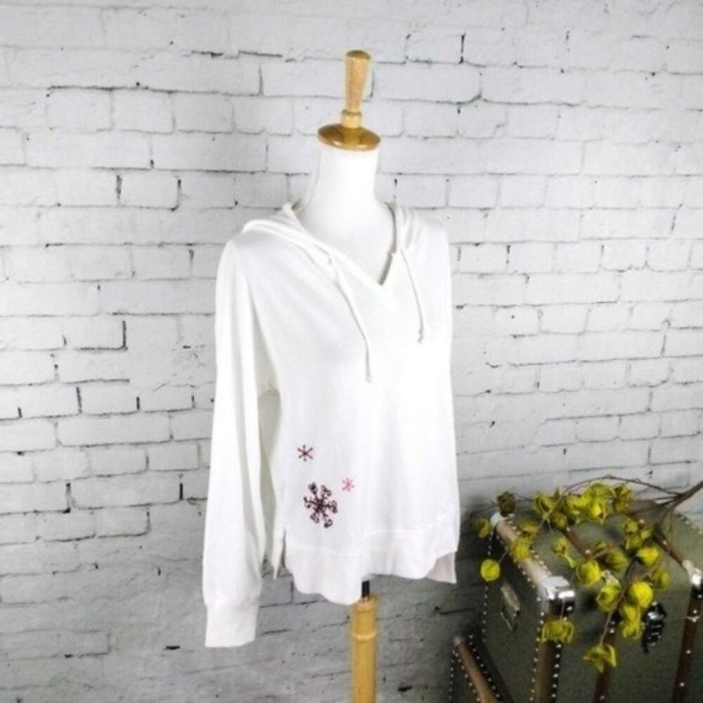 Hello Nite Snowflake Embroidered Hoodie Loungewear Sweatshirt Cream Small